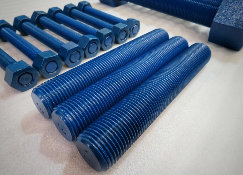 Bolts coated with blue fluoropolymer coating
